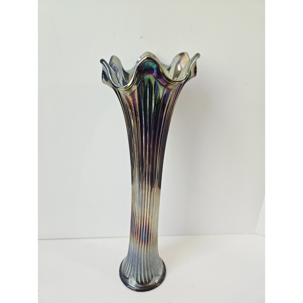 Vintage‎ tall glass carnival vase ribbed 12" tall